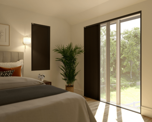 Blackout blind screens installed in a bedroom