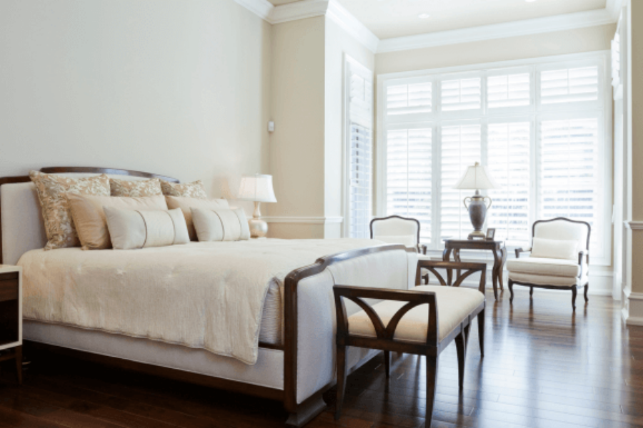 Shutters installed in a bedroom